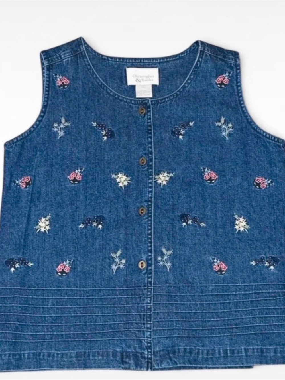 Christopher & Banks Blue Embroidered Denim Button-Front Top